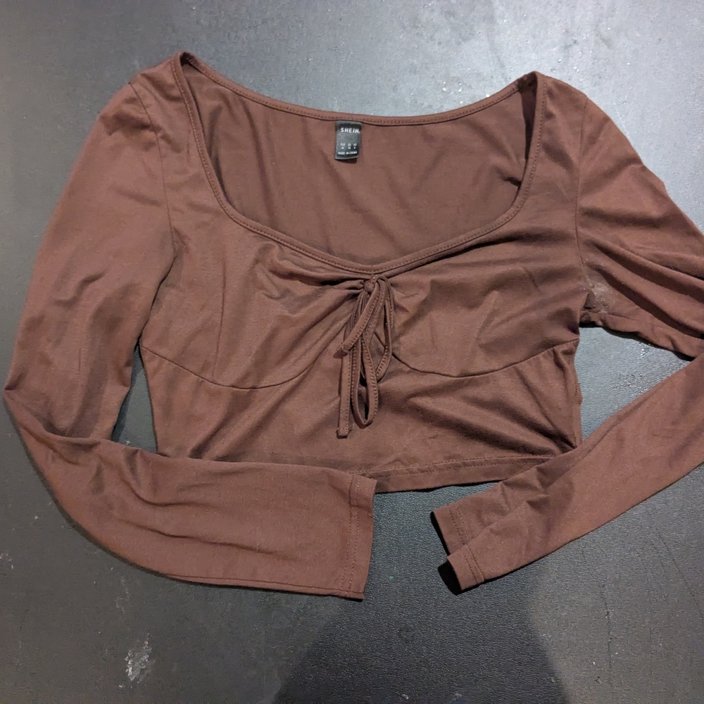 SHEIN Pink 3/4 Sleeve Tie Front Crop Blouse